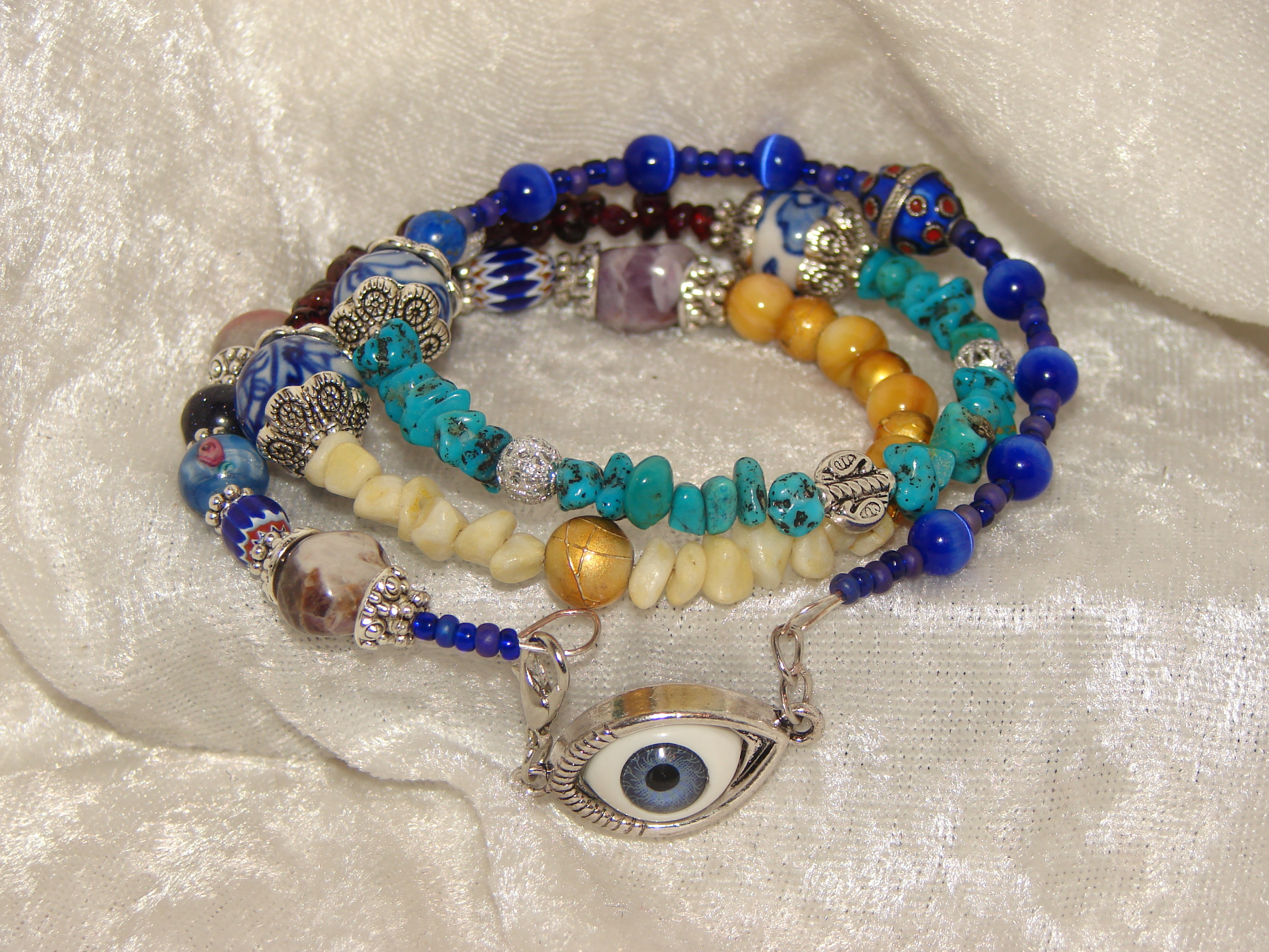 Boho Gypsy Evil Eye Memory Wire Beaded Cuff - Turquoise and Aragonite